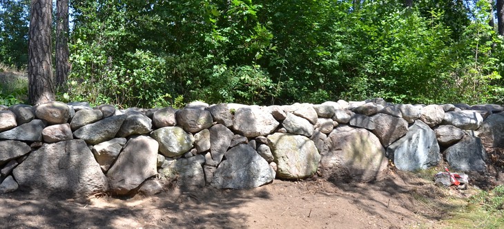 En stenmur omgiven av grönska
