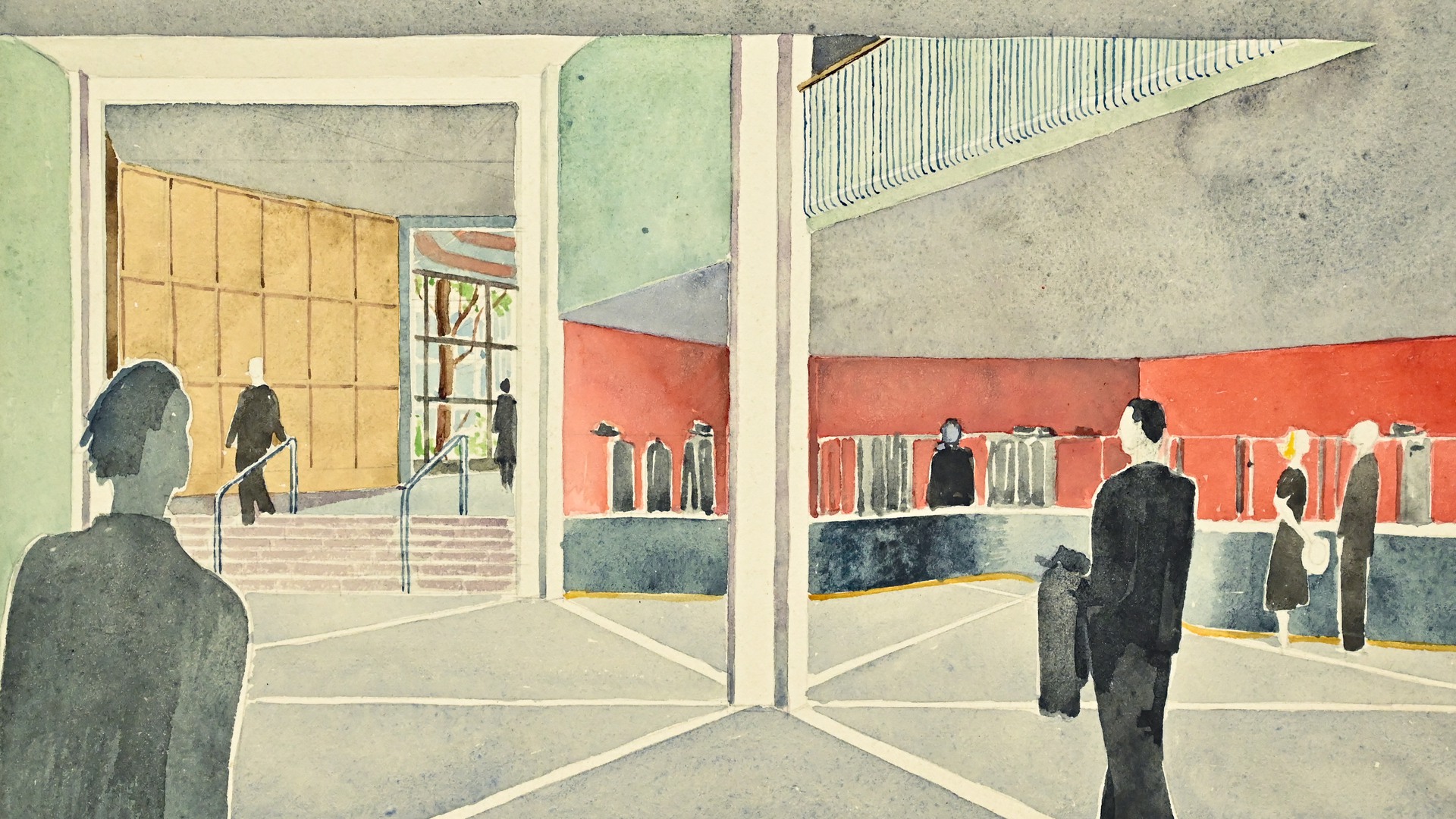 En ritning på en ingång i flera färger, flera människor rör sig i byggnaden.