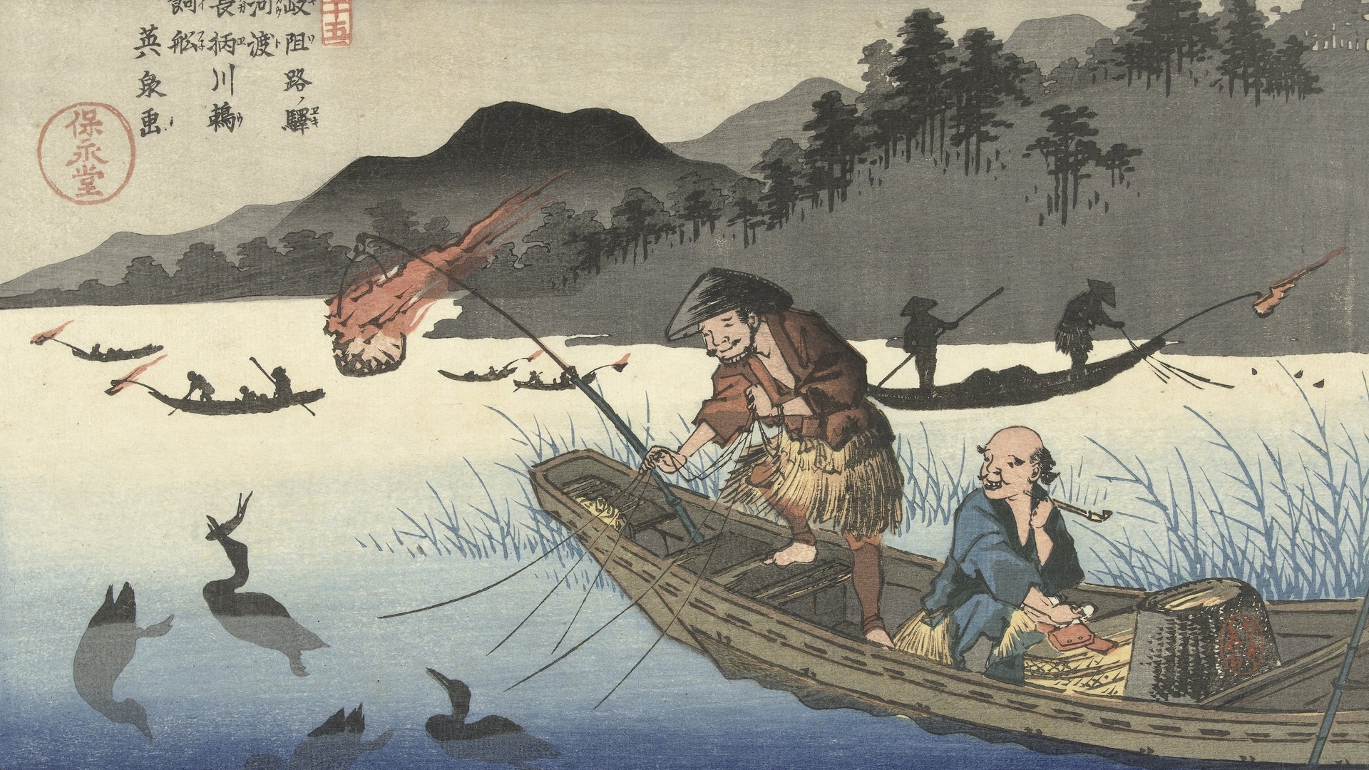 En målning av några fiskar som sitter i en båt på en sjö och som fiskar med hjälp av fyra skarvar.