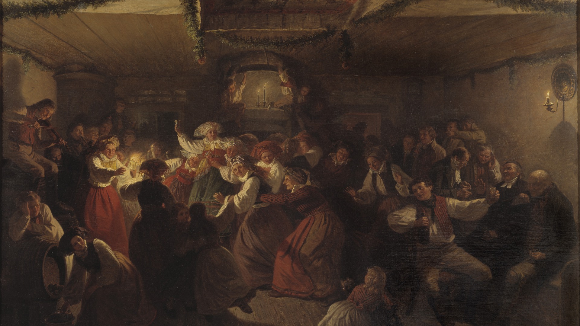 En oljemålning som visar människor som är klädda i dräkt i ett rum; de dansar, några spelar violin.