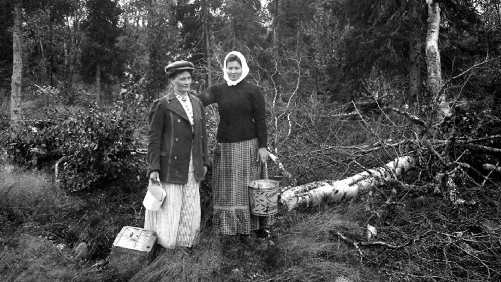 Två kvinnor ute i skogen. Uppenbarligen har de plockat bär.