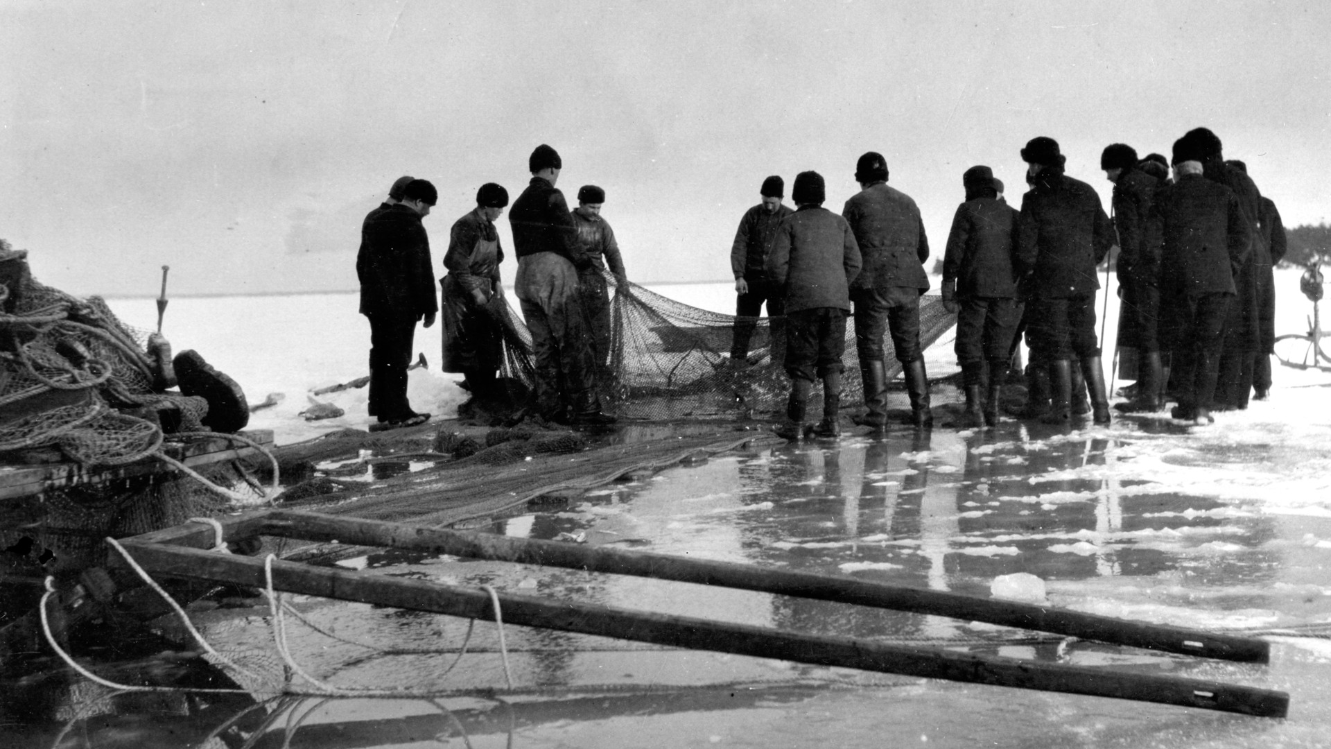En grupp står på isen i skärgården, några håller i ett nät.