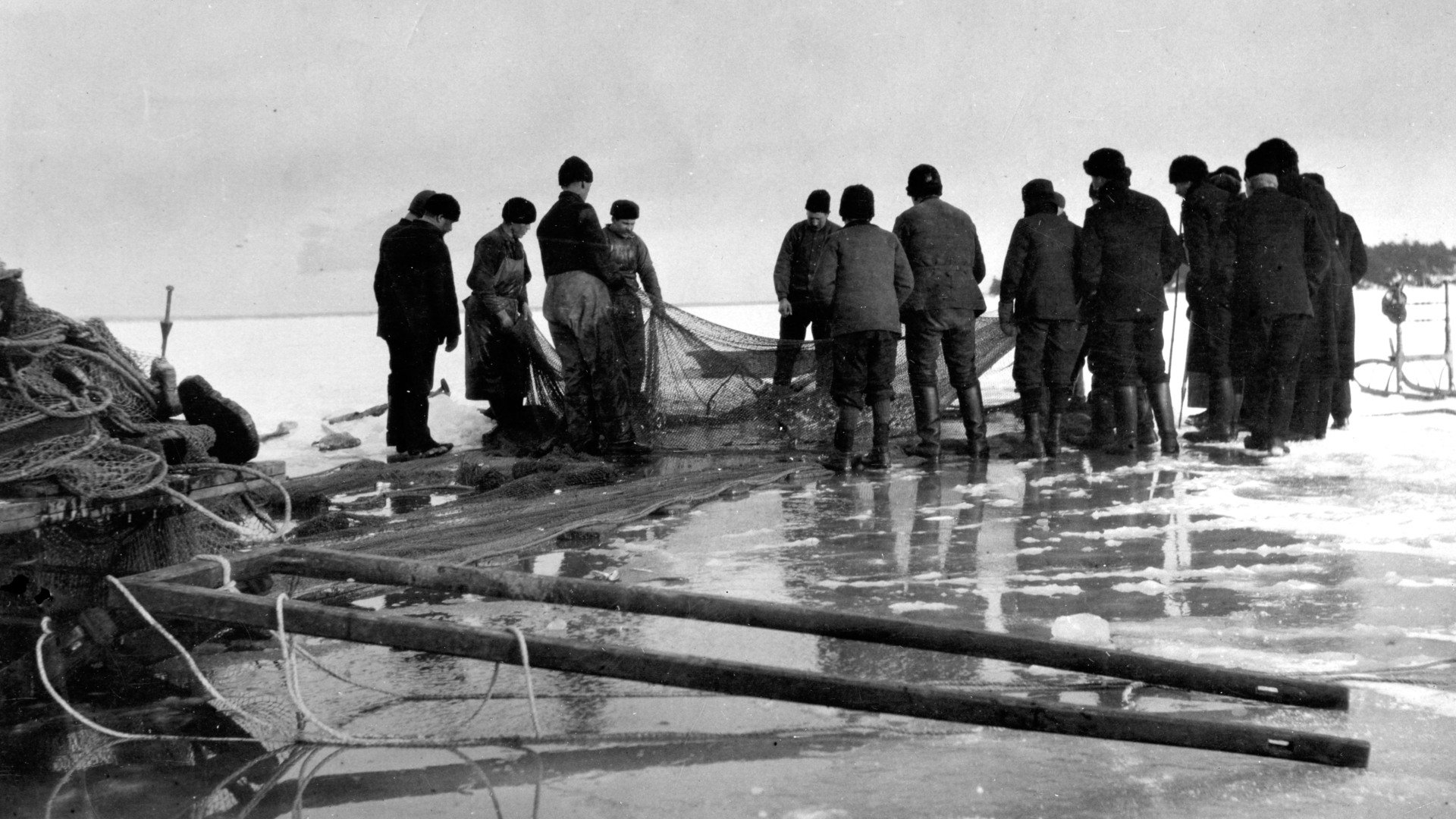 En grupp människor på isen som fiskar strömming med not.