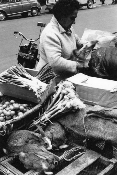 En äldre kvinna handlar grönsaker på en marknad. En död kanin ligger på bordet.