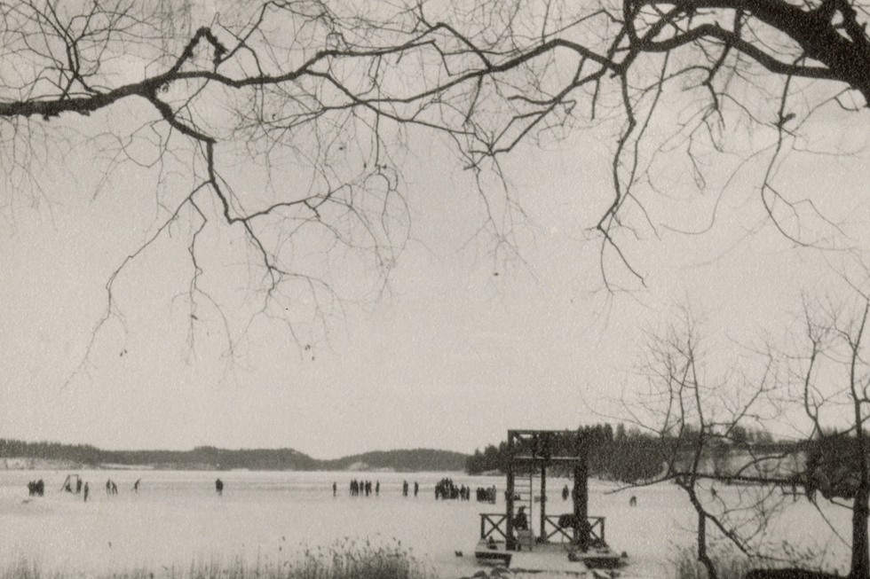 En grupp av människor står på en frusen sjö och åker skridskor; längst framme syns några grenar av ett träd.