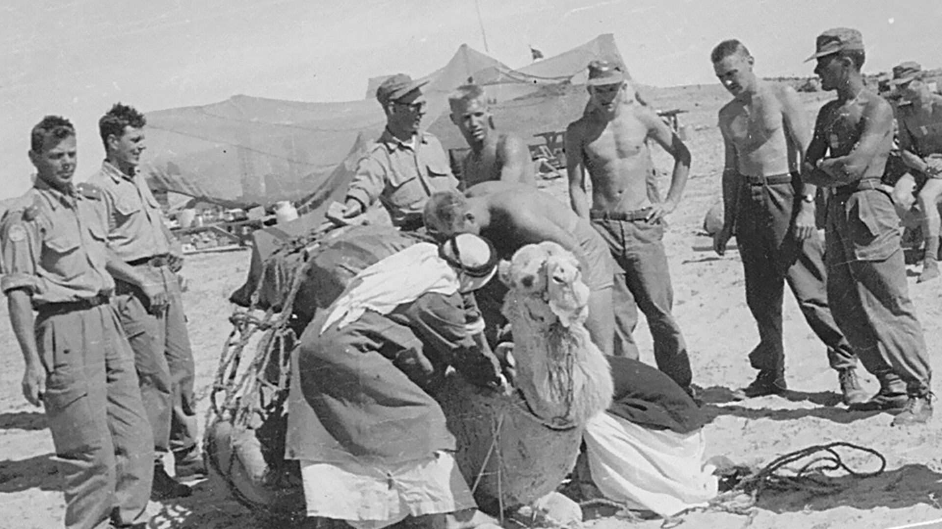 En grupp med FN-soldater, en beduin och en kamel i öknen