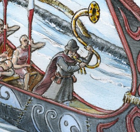 Lurblåsaren står längst fram på skeppet, detalj från illustration.