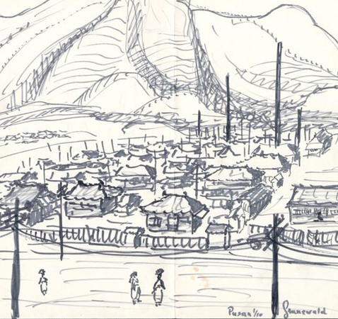 Blyertsteckning föreställande berg, en by och människor. Signerad Grunewald
