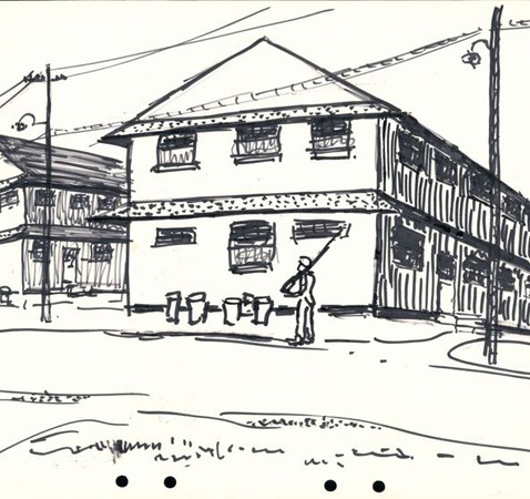Teckning föreställande en gata, ett hus och en soldat.