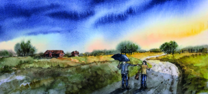 Målning föreställande två personer på slingrig grusväg, den ena med ett paraply.